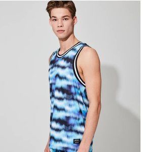 Mens adult WeSC Basketball Fitted Tank Top Digi Blue Size Med Large  NWT Streaky